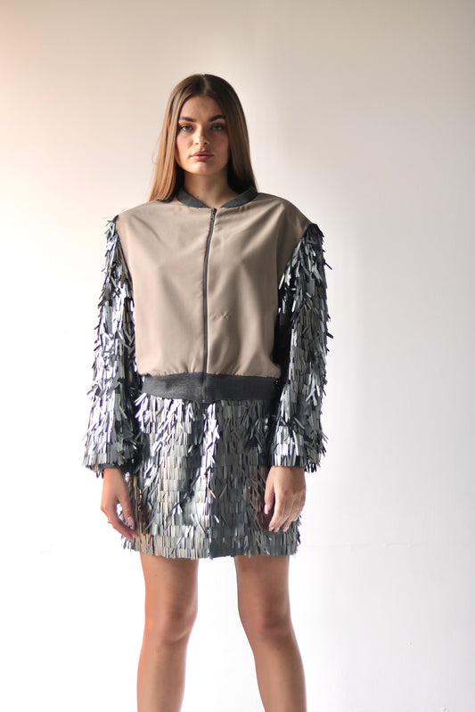 Beige Bomber with Silver Embellished Sleeves