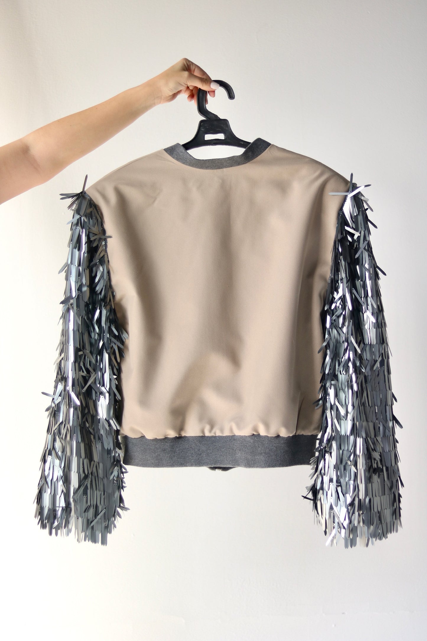 Beige Bomber with Silver Embellished Sleeves